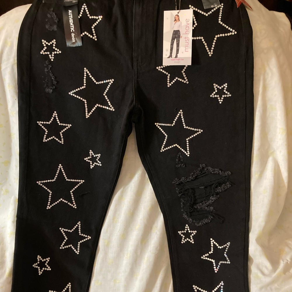 NWT 💎 jewel studded star jeans  Super High Rise straight leg 17/33 sparkling